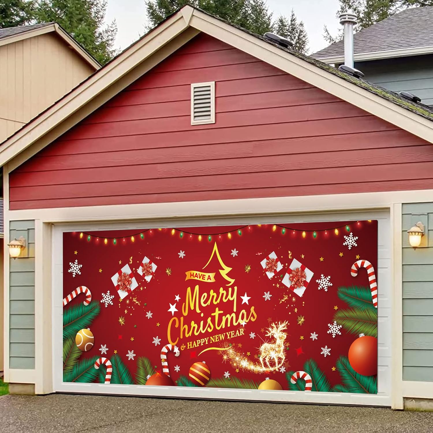 Garage Door Decorations - 6.5 x 16 ft Merry Christmas Garage Door Banner, Winter Christmas Garage Door Murals, Large Hanging Christmas Photography Background Decoration for Photo Props Holiday Party Supplie