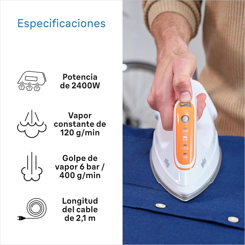 CareStyle Compact Pro Plancha Generadora de Vapor, FreeGlide 3D, Modo iCareMode, Eco y Turbo, Vaporización Vertival, Antigoteo, Depósito Agua 1,5L, 6 bar/400g/min, 2400W, Blanco/Naranja