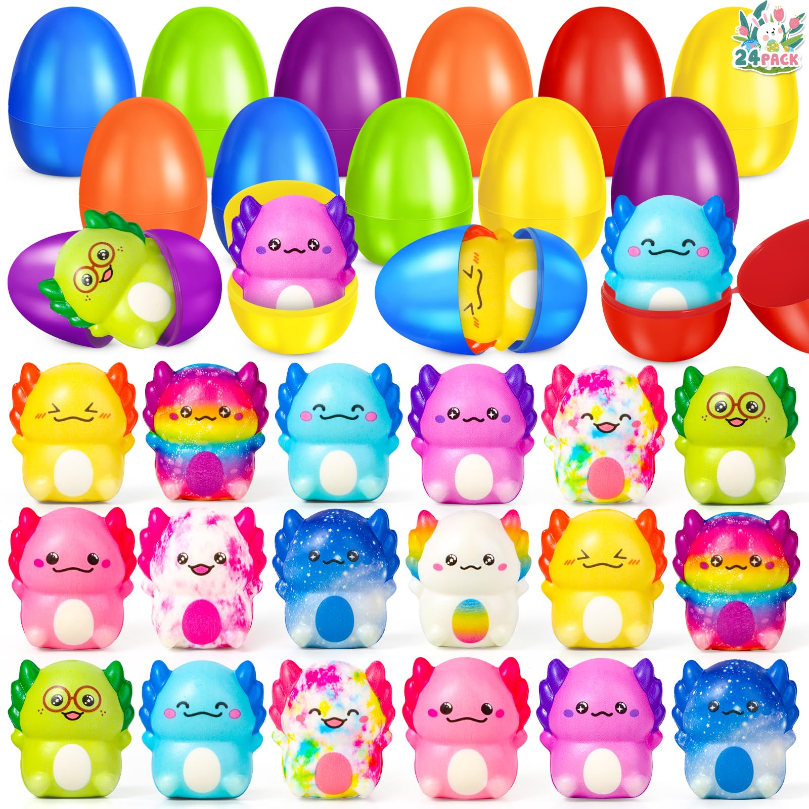 OCHIDO 24 Pack Easter Eggs Filled with Axolotl Slow Rising Squeeze Toys, Prefilled Easter Eggs with Fidget Toys for Easter Basket Stuffers Party Favors , Easter Basket Essentials, Easter Egg Hunt