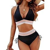 Blooming Jelly Women High Waisted Bikini Sets Tummy Control Swimsuits Color Block Two Piece Drawstring Bathing Suit