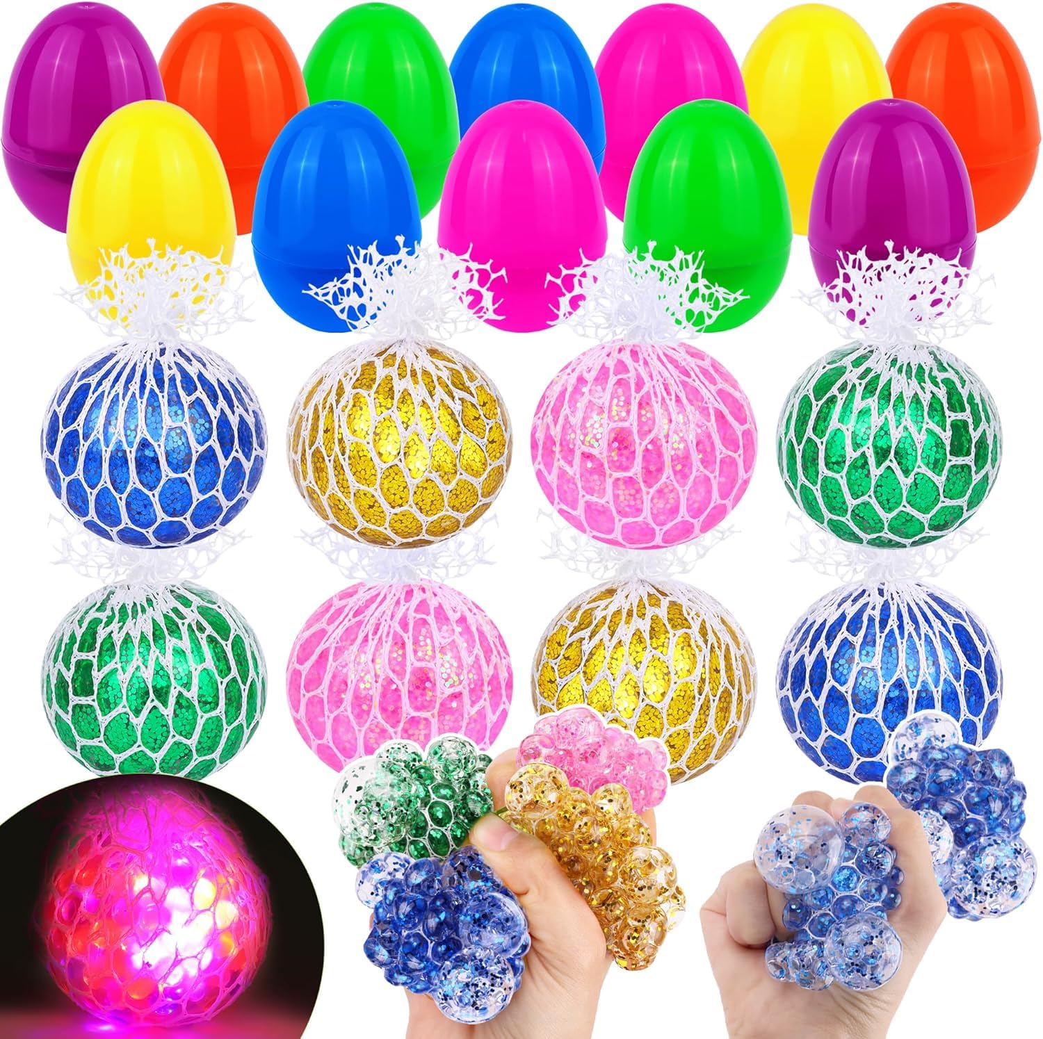 corgi butt Prefilled Easter Eggs, 12Pack Easter Eggs Filled with LED Stress Balls Fidget Toys - Light Up Squishies Sensory Toys for Kids Easter Hunts Party Favors Basket Stuffers