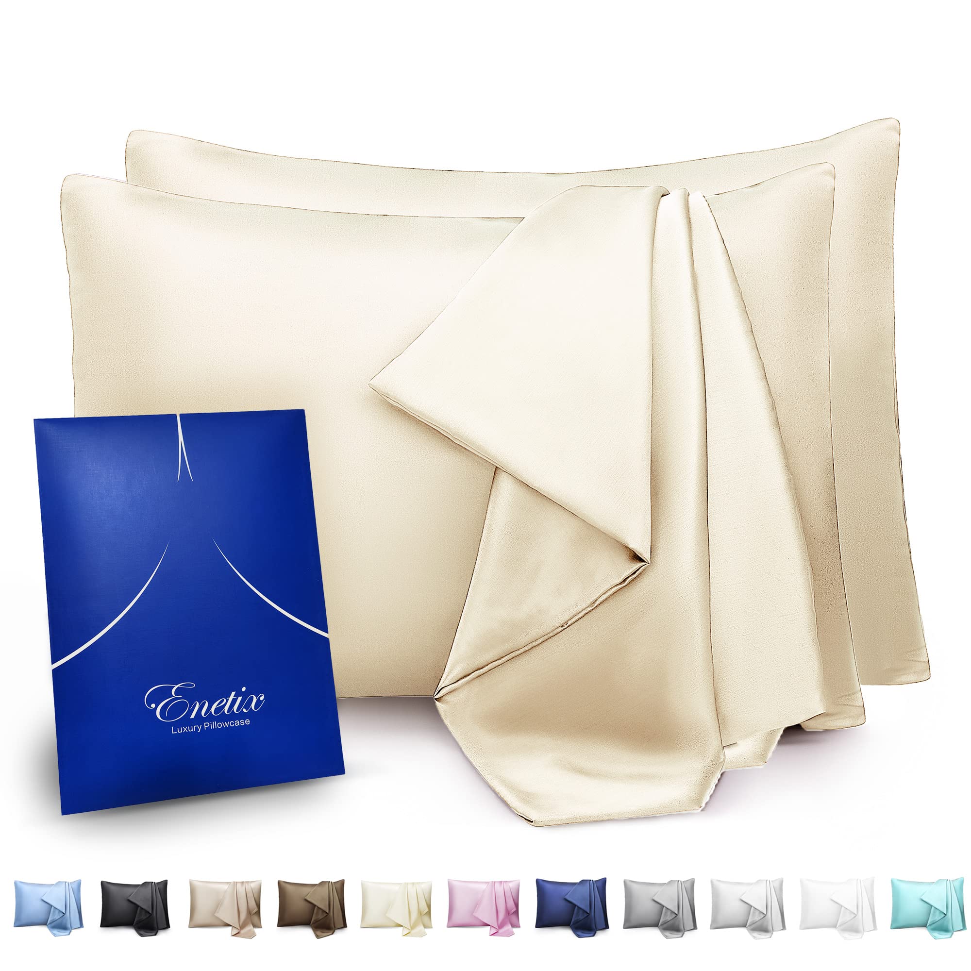 Enetix Silk Satin Pillowcase for Hair and Skin, 2-Pack with Gift Package, Acne Free Hidden Zipper Pillow Cover (Standard (50 x 75cm), Ivory)