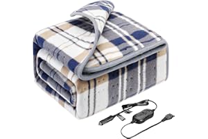 Elantrip Machine Washable Electric Heated Blanket12 Volt, 70 Degrees Automatic Power Offapplicable to Car Vehicle Truck SUV, Flannel Heated Travel Blanket with Temp Controller 40x55 in(Blue)