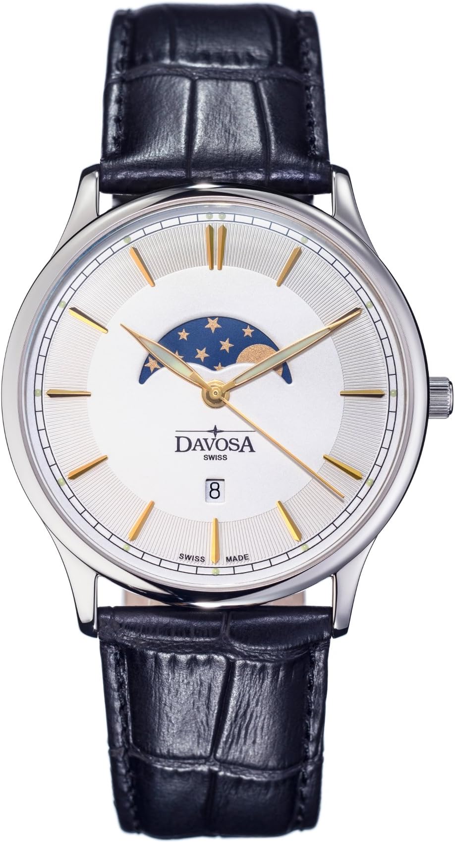 Davosa Swiss Made Quartz Movement Men's Leather Strap Wrist Analog Watch Flatline Phase of Moon