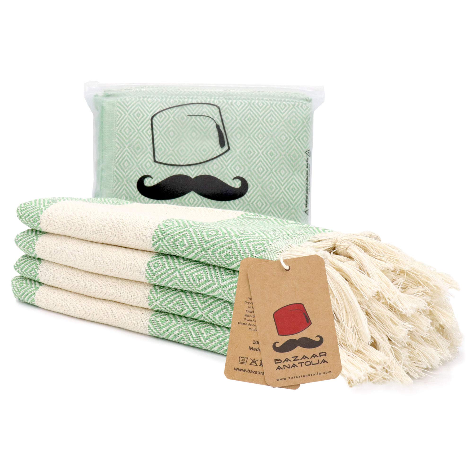 Bazaar Anatolia Hand Towels - Set of 4 | 39" x 19" - Decorative Turkish Hand Towel for Bathroom, 100% Cotton, Kitchen, Face, Hair, Tea, Dishcloth, Sage Hand Towels - Diamond Green