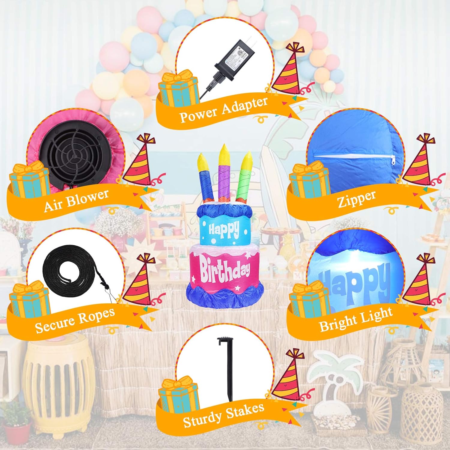MUMTOP 4 Foot Tall Inflatable Happy Birthday Cake with 4 Candle Indoor Outdoor LED Light Holiday Decorations, Blow up Lighted Garden Decor, Lawn Inflatable Home Yard Party Favor Decoration: Garden & Outdoor