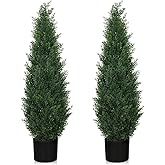 3FT Artificial Cedar Topiary Trees for Outdoors, UV Resistant Fake Cypress Shrubs, Potted Faux Evergreen Outdoor Faux Plants, Artificial Plants Outdoor for Front Porch, Home Decor (Set of 2)
