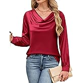 Blooming Jelly Womens Satin Blouse Cowl Neck Draped Silky Long Sleeve Dressy Tops Fall Trendy Fashion Business Casual Outfit