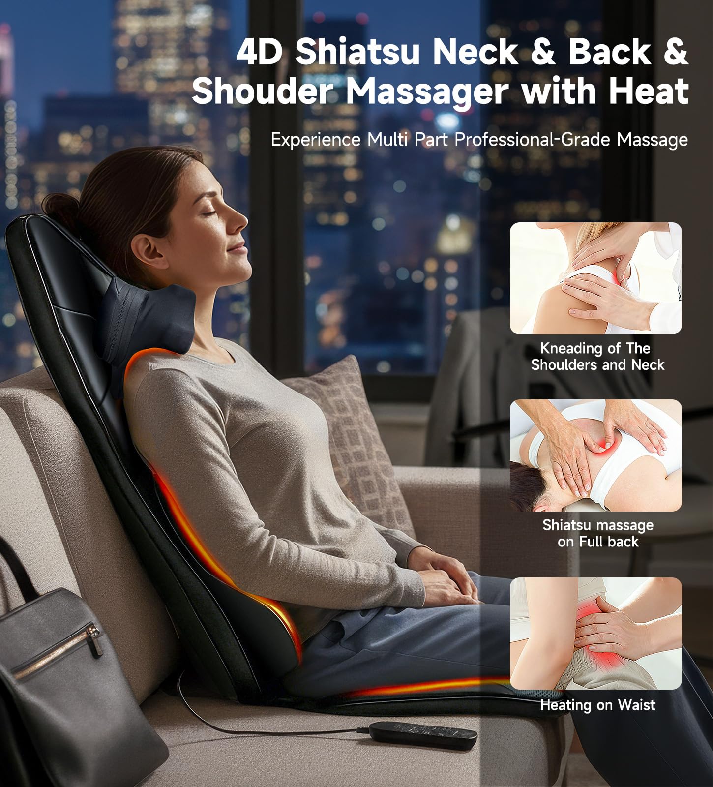 Condition photo showing New/Like New for shiatsu neck and back massager for chair with heat, 2 interchangeable attachments full back massage 
