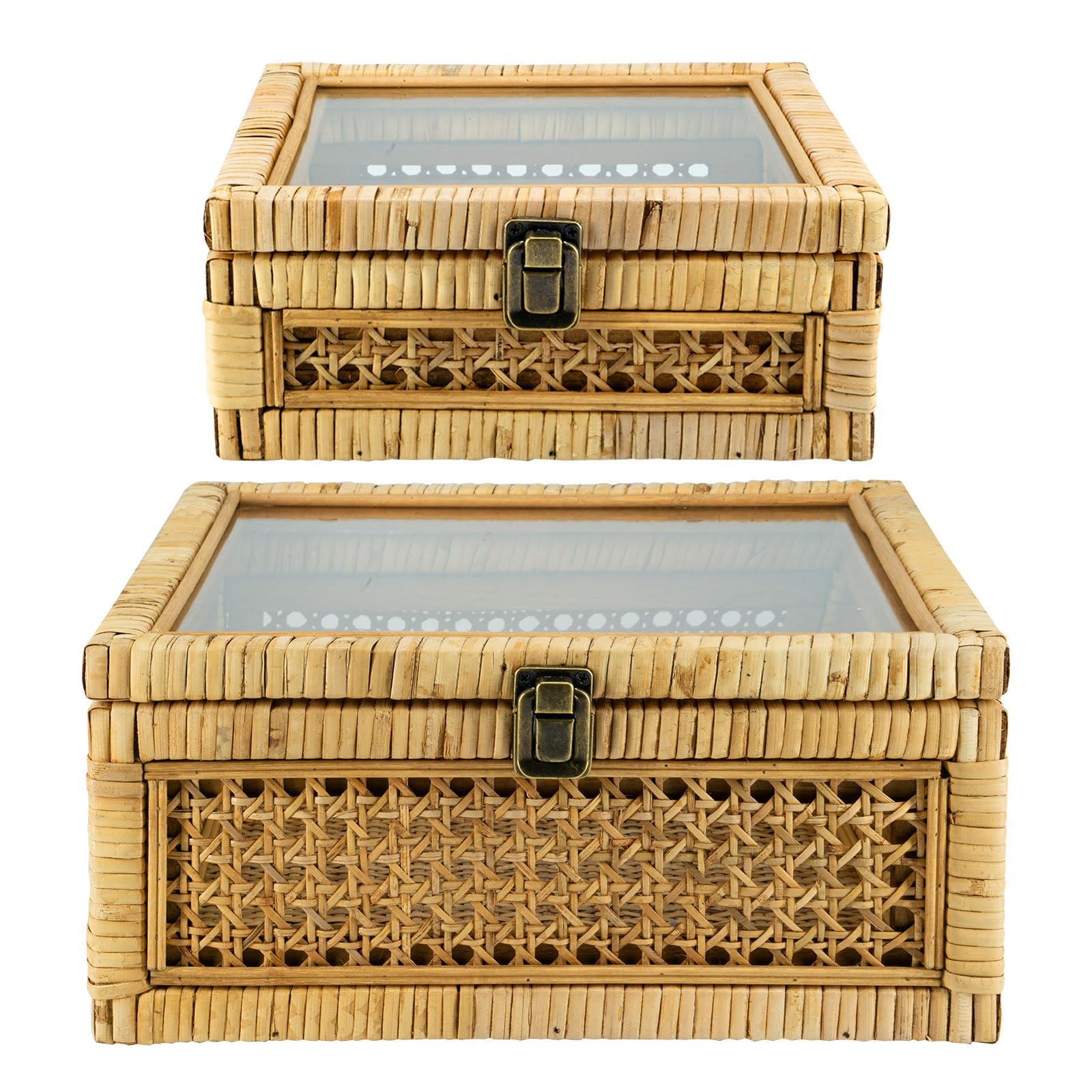 Photo 1 of HUAXIN CRAFT H Rattan Square Box with Lid - Set of 2 Wicker Decorative Bins with Glass Cover for Display