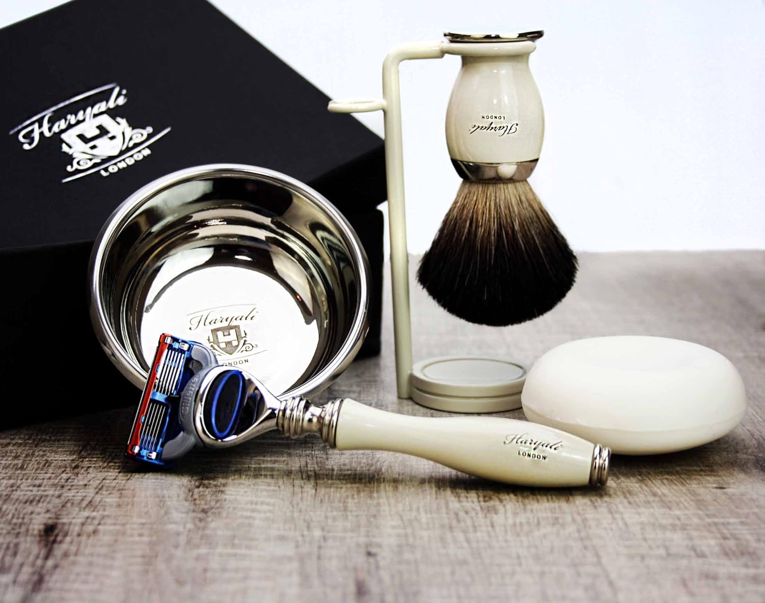 Haryali London 5Pc Mens Shaving Kit 5 Edge Shaving Razor, Black Badger Hair Brush, Bowl, Soap and Stand Perfect Set for Men - Image 5