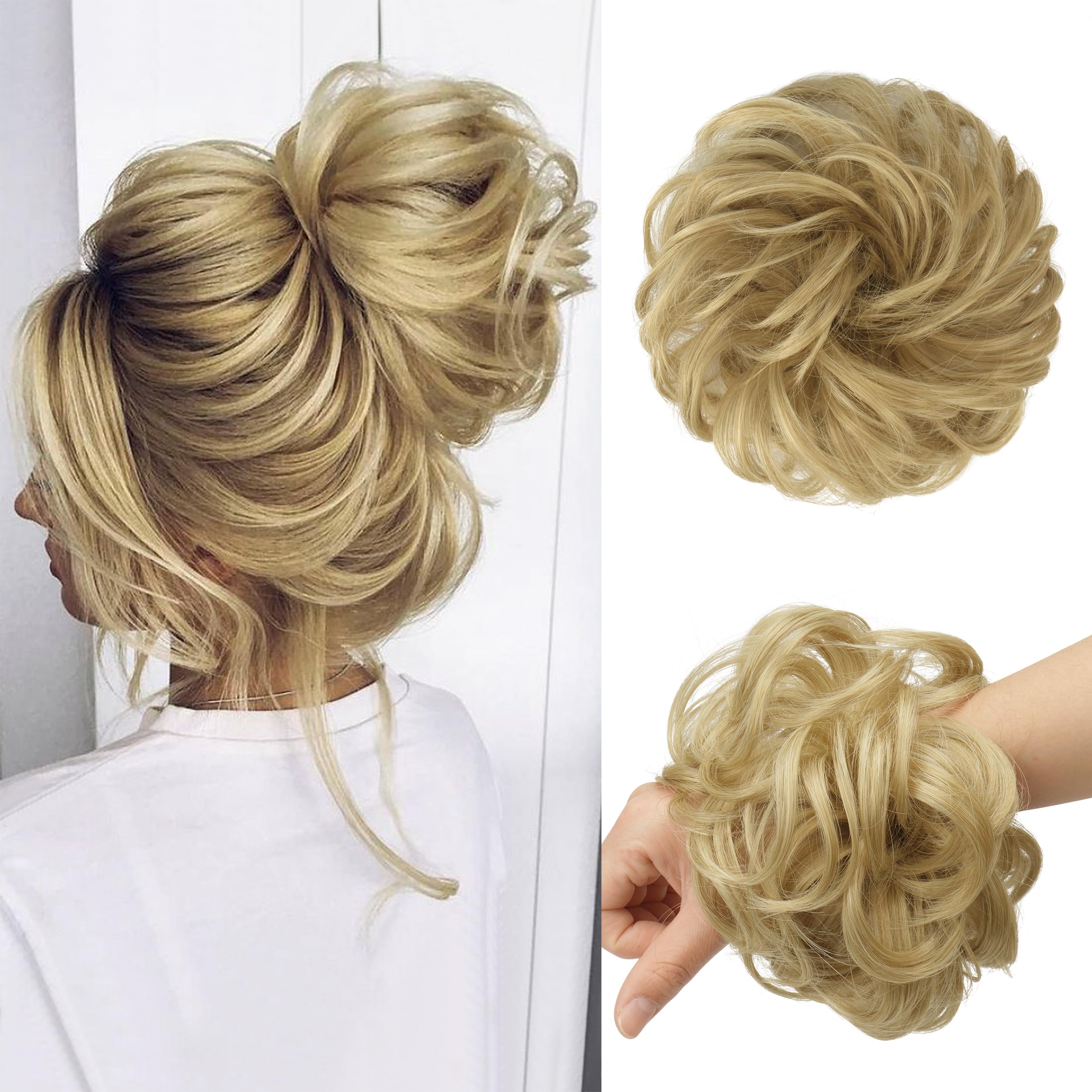 Photo 1 of FESHFEN Messy Bun Hair Pieces - Large Wavy Curly Elastic Hair Bun Scrunchies Ponytail Extensions Synthetic Chignon Hairpieces for Women, Golden Blonde 1.94oz
