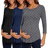 Ecavus Womens Maternity Shirts 3-Pack Short Sleeve Tops Empire Waist Pleated Front Maternity Clothes for Work and Casual