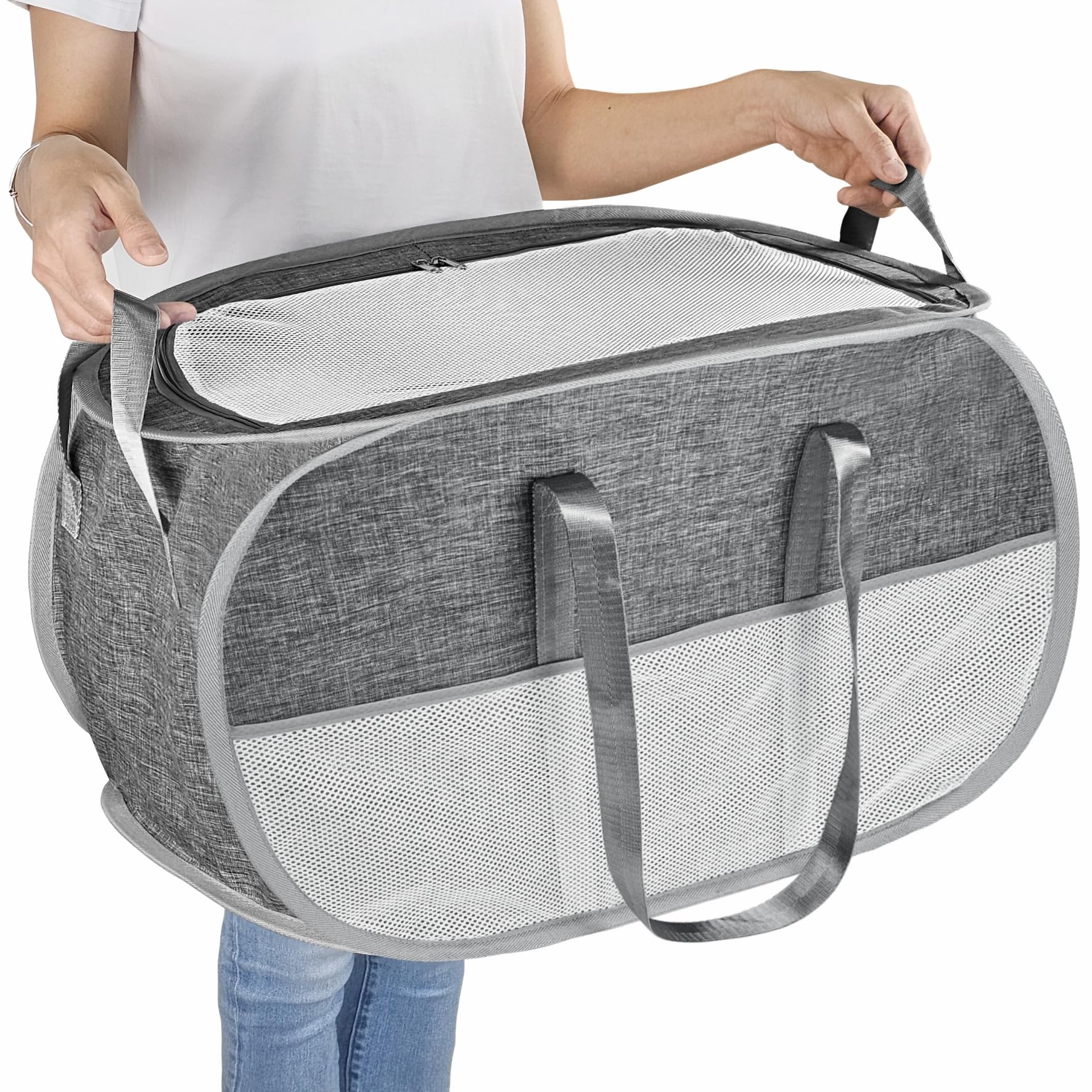 BOSNONA 74L Large Collapsible Laundry Baskets Pop Up Laundry Hamper with Sturdy Zipper Lid Foldable Laundry Hamper for Laundry Room Kids Room (Grey With Zipper)