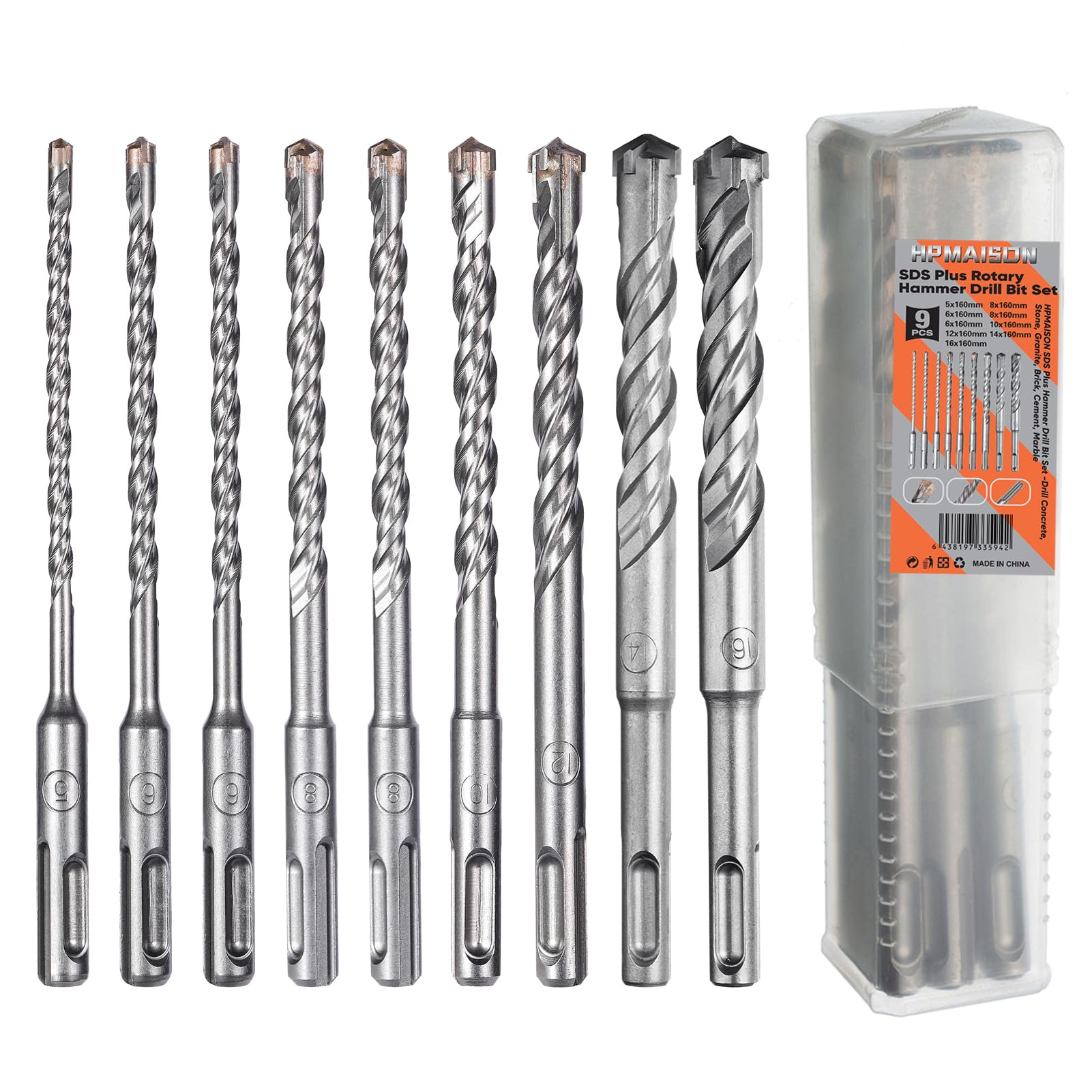 HPMAISON SDS Plus Hammer Drill Bit, 9PCS Cross Drill Bits, 4-Cutter Tungsten Carbide Tip Fully Hardened Tool for Concrete, Brick, Cement, Granite, Marble & Masonry, 5/6/6/8/8/10/12/14/16mm x 160mm — image 1