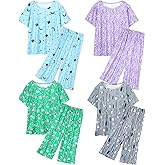 XPUDAC 4-Pack Womens Pajama Sets Short Sleeve Tops with Capri Pants Soft Sleepwear Pjs Set