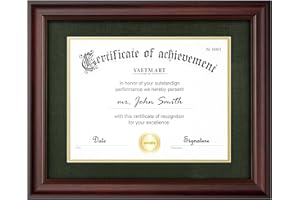 Yaetm 11x14 Diploma Frame, Certificate Frame with Tempered Glass, Display 8.5x11 Document with Dark Green Over Gold Acid-free Mat or 11 x 14 without Mat, Wide Molding (Single, Mahogany/Green)