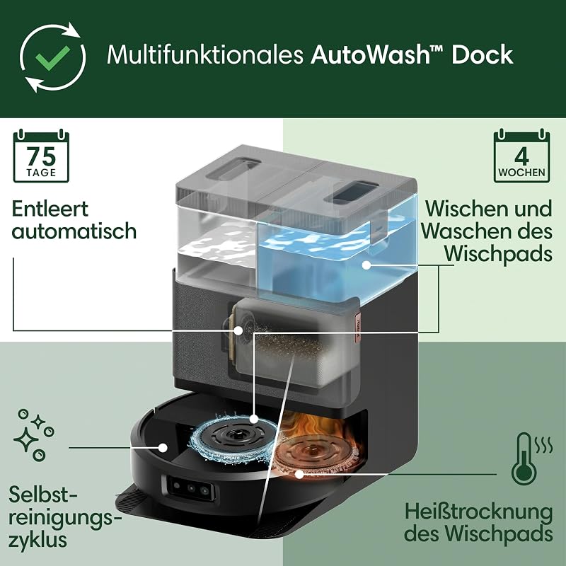 Roomba Plus 505 Combo Robot + AutoWash Dock Saugroboter mit Wischfunktion - Multifunktinales Dock - Clearview Pro LiDAR - 7000Pa - DualClean Wischpads mit PerfectEdge - SmartScrub - Schwarz