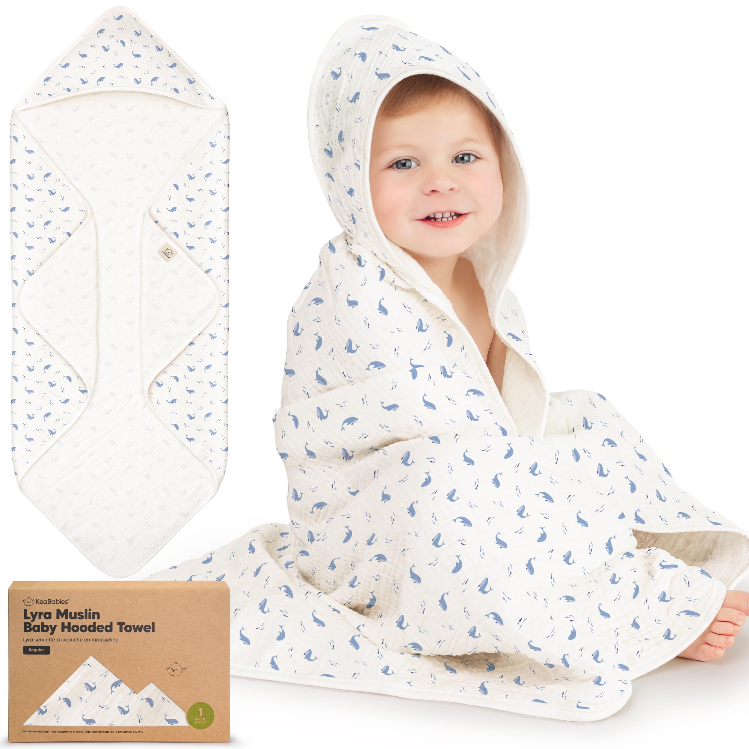 Photo 1 of KeaBabies Muslin Baby Bath Towels with Hood for Girls, Boys, Large Organic Cotton Hooded Baby Towels for Newborns, Toddlers, Infant, Kids, Soft Absorbent Newborn Bath Essentials Gift Set (Whale Bay)