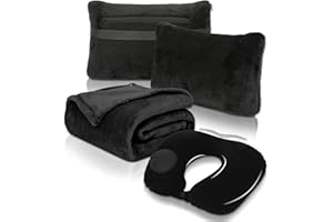 VOTOWN HOME Travel Blanket and Pillow Set - Portable Inflatable Travel Neck Pillow and Premium Soft Airplane Blanket with Built-in Soft Bag, Neck Snaps, Zippered Pouch, and Hand Luggage Belt, 70" x 40" (Black)