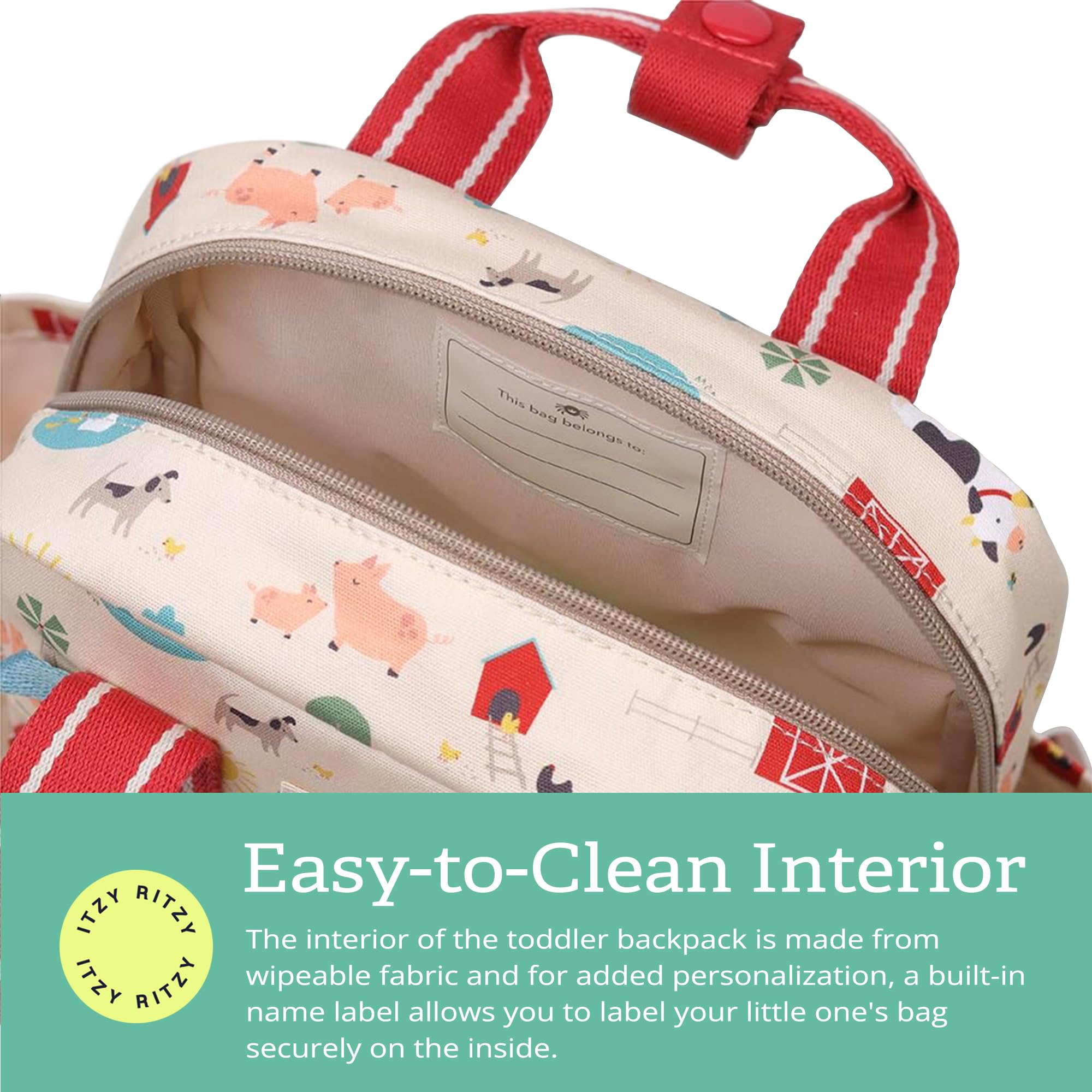 Itzy Ritzy Toddler Backpack - Daycare Bag - Features Adjustable Shoulder Straps, 2 Side Pockets & Spacious Interior with Wipeable Fabric Lining & Name Label, Farm Backpack