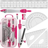 Geometry Set Maths Compasses for Grade Students Back to School Supplies with Compasses Protractor in Carry Case, Pink
