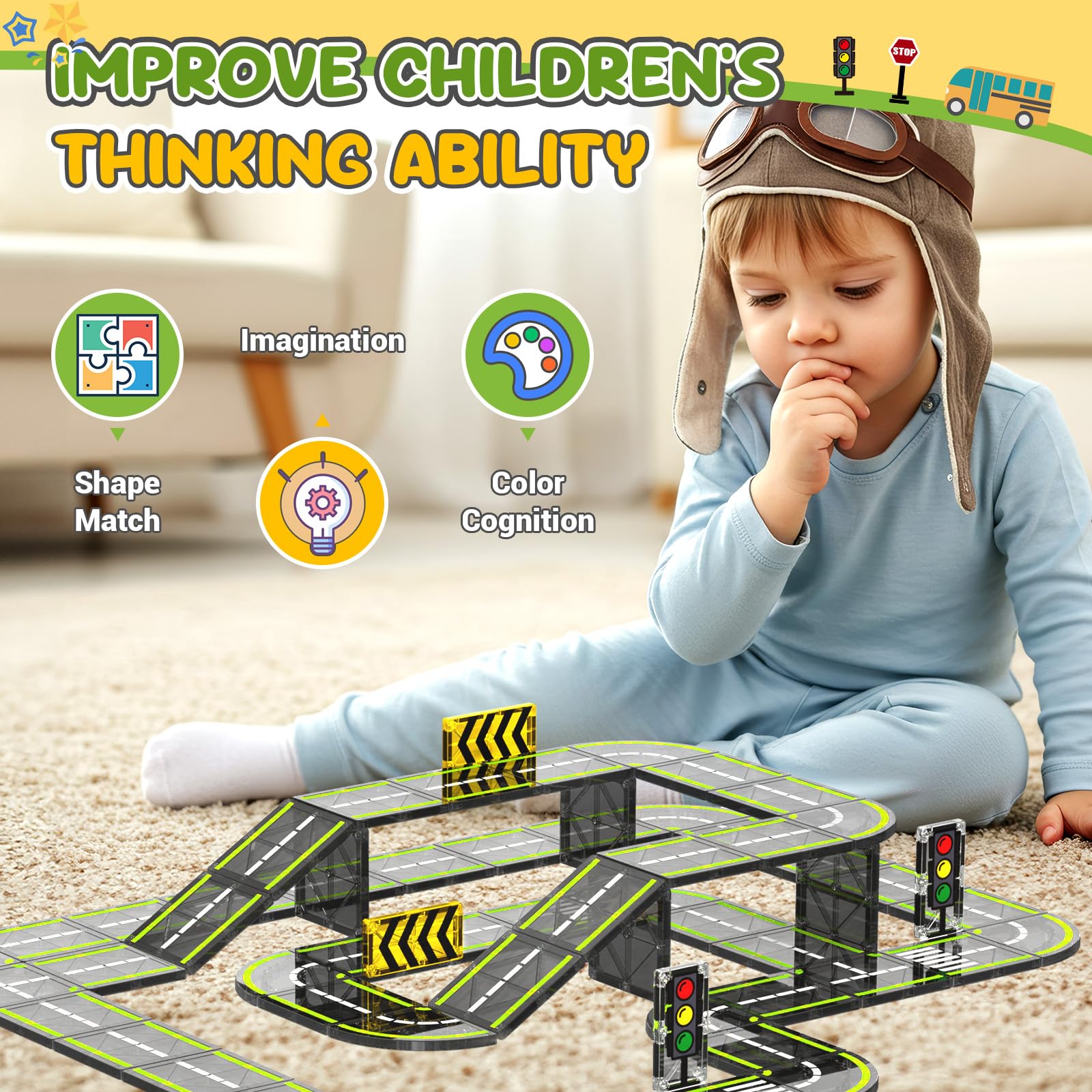 Magnetic Tiles Road Set, Magnetic Building Blocks for Toddler Kids, Montessori Educational Magnet Toys for Kids Ages 3+Year Old, STEM Creative Toy for Christmas Birthday Gifts