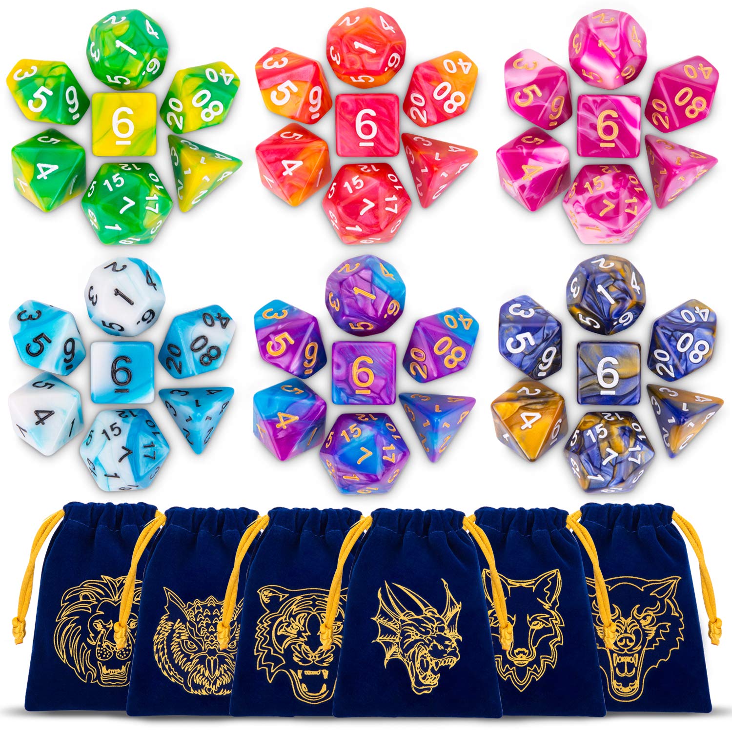 DND Dice Set, 42pcs Polyhedral Dice D&D Dice with 6 Blue Drawstring Bags, 6 Complete Double-Colors Dice Sets for Dungeons and Dragons RPG MTG Table Games etc