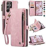 Defencase for Galaxy S25 Ultra Case Wallet with RFID Blocking Card Holder for Women Men, PU Leather Magnetic Snap Flip Wristlet Strap Zipper Wallet Phone Cases for Samsung Galaxy S25 Ultra 6.9", Pink