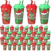 Lzuhoa 50 Pcs 16 oz Christmas Cups with Lids and Straws, Christmas Party Favors Supplies, Chrismass Tree Santa Hat Plastic Chrismas Party Cups for Xmas Winter Holiday White Elephant Party Decorations