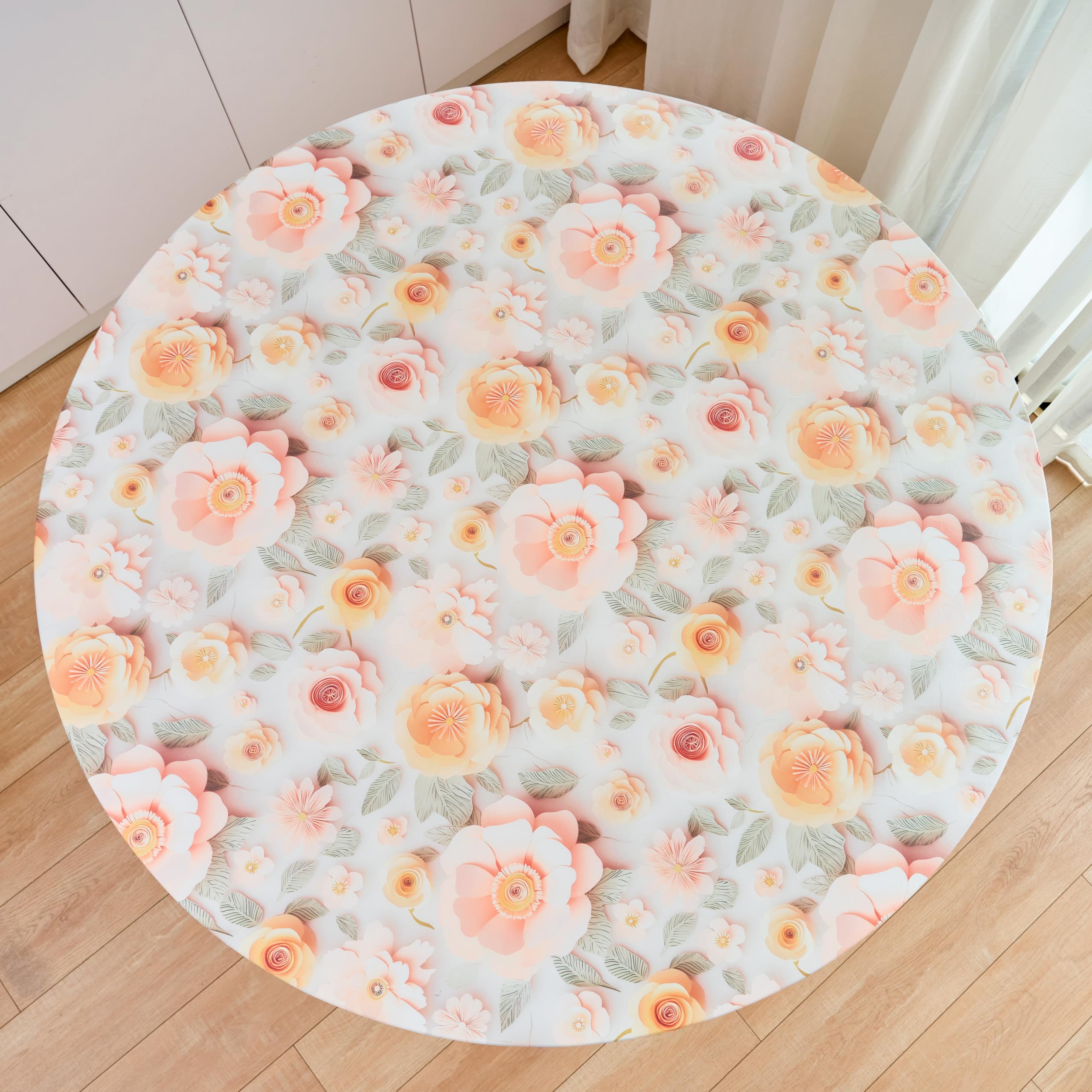 NLMUVW Yellow Flower Round Vinyl Tablecloth with Elastic Edge, Super Elastic Table Cloth Waterproof Wipe Clean Print Table Cover for Indoor and Outdoor, 37"- 54"