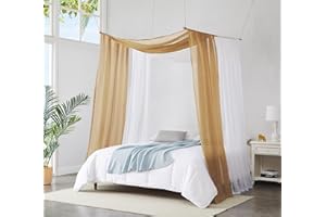 Warm Home Designs Set of 2 White & Caramel Gold Canopy Bed Curtains in 55 x 288 Inch Size. 2 King Bed Canopy Curtains Can Be Turned Into Kids Bed Tent or Bed Canopy for Girls. BE White & Gold 288"
