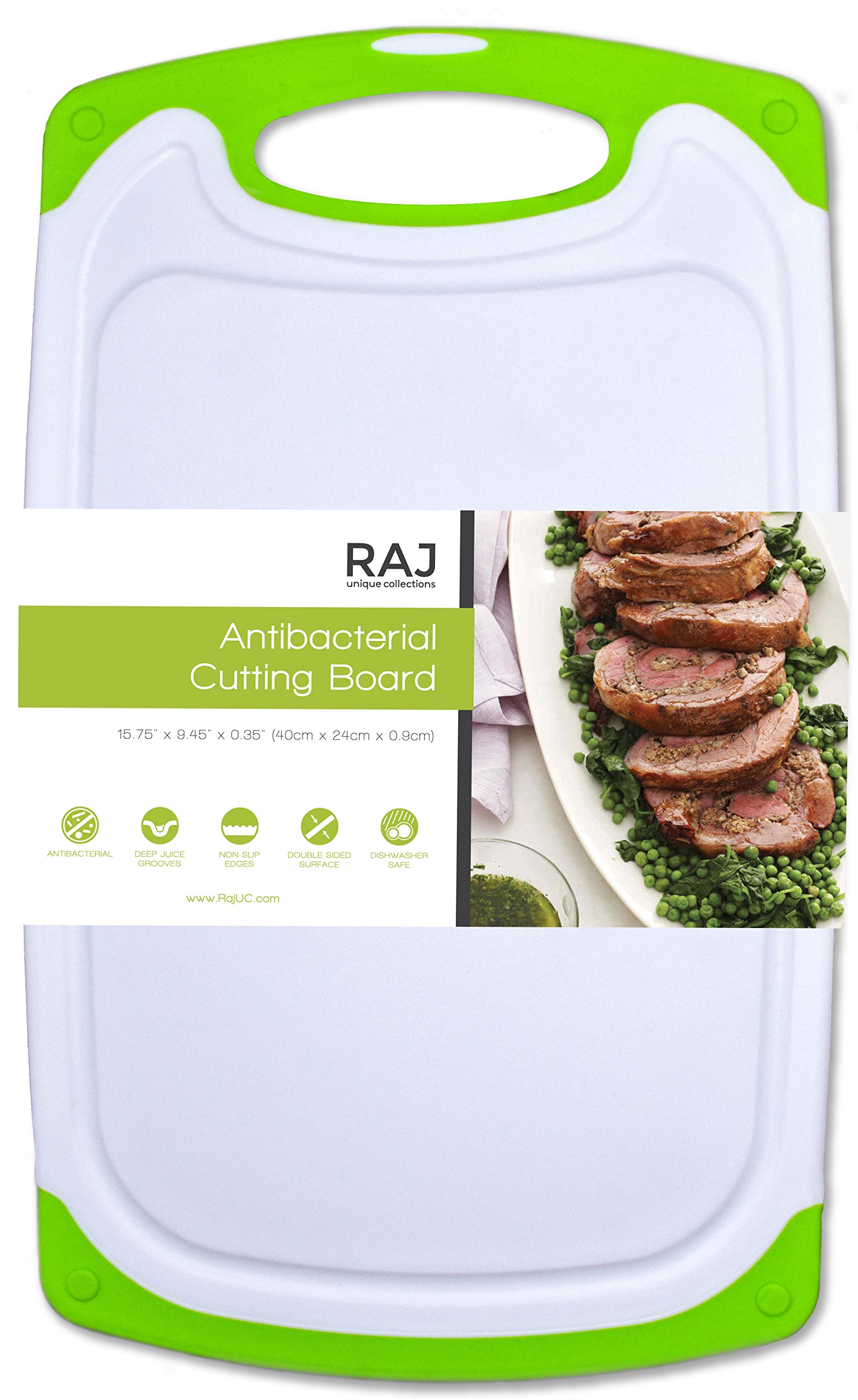 Raj Non-Slip Antibacterial Plastic Cutting Board, Deep Juice Groove, Dishwasher Safe, BPA Free, FDA Approved White and green (1 Piece Large, White board with Green Ends)