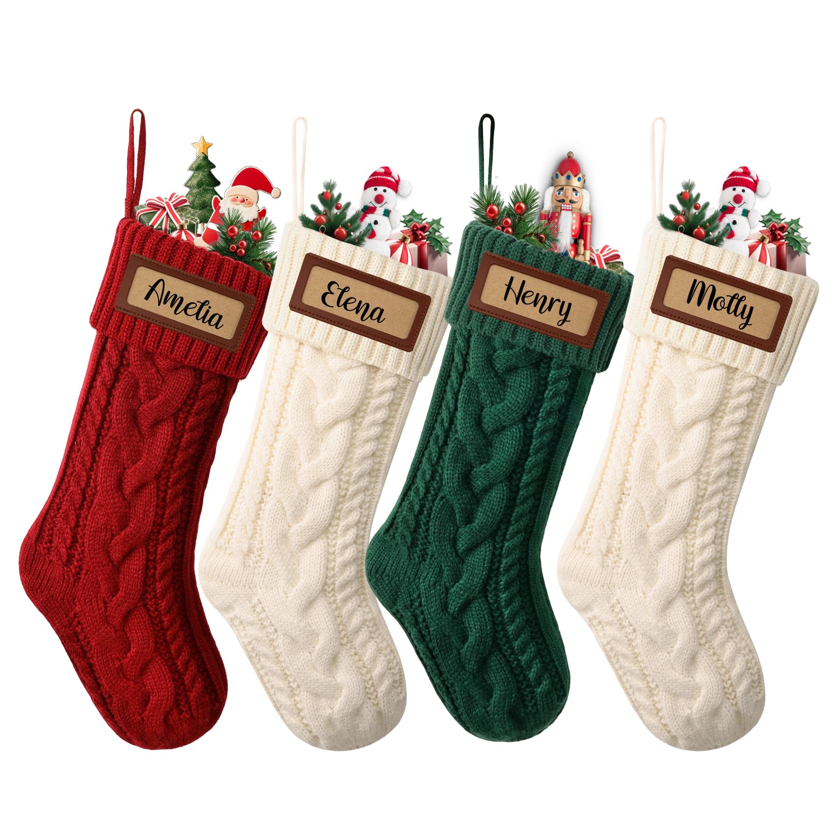 Photo 1 of ***MISSING GREEN STOCKING*** CARAKNOTS Personalized Christmas Stockings 4 Pack Knit Christmas Stockings with Names Tag Patches Vintage Rustic Farmhouse Boho 18" Large Red Green White Knitted Xmas Stocking for Family Kids