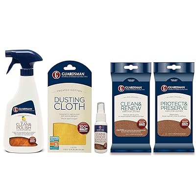 Guardsman Furniture Care Starter Kit - For Fabric, Wood &amp; Leather - Includes Wood Clean &amp; Polish, Stain &amp; Odor Eliminator, Dusting Cloth, Leather Clean &amp; Renew, and Protect &amp; Preserve Wipes
