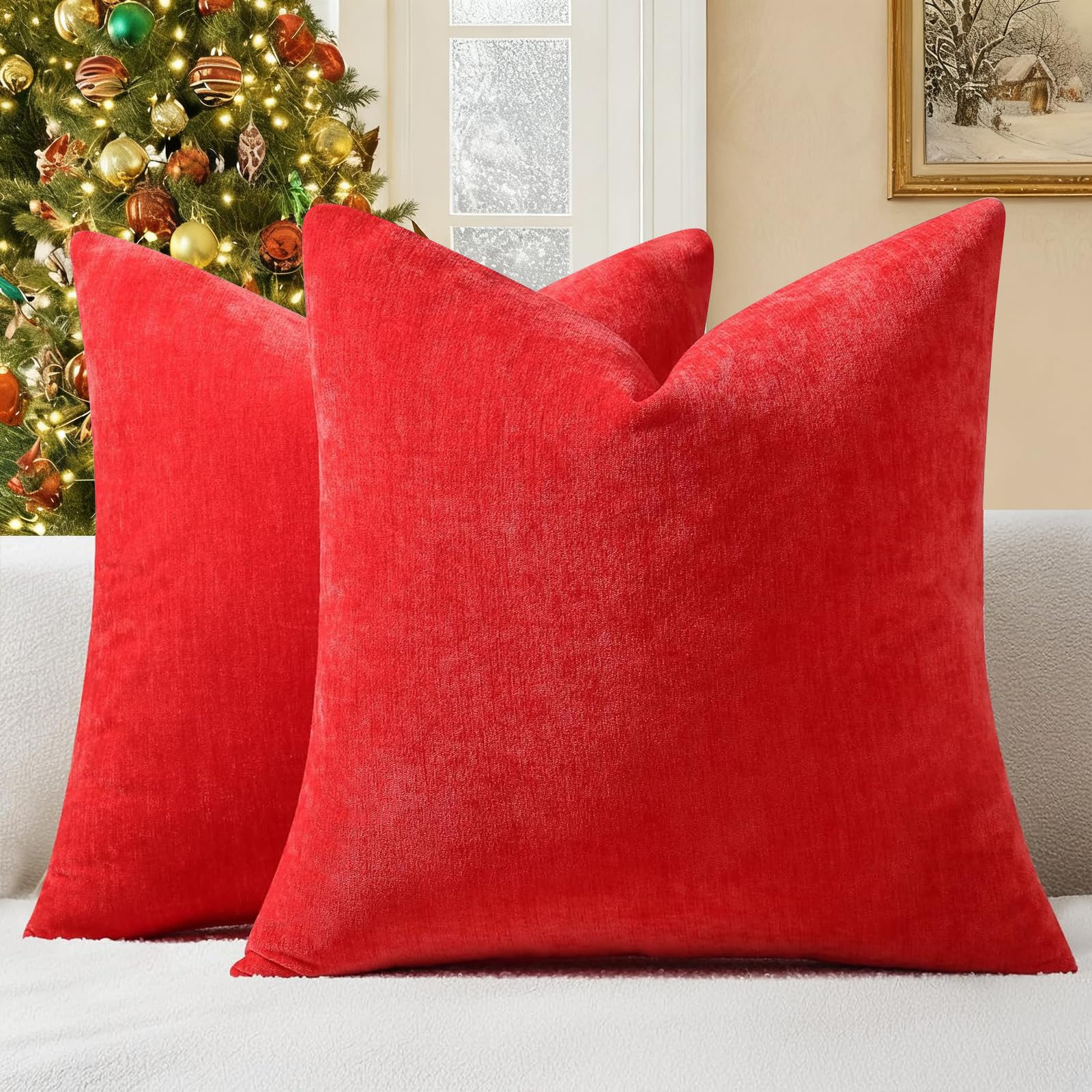 decorUhome Chenille Red Throw Pillow Covers 22x22 Inch Set of 2, Decorative Soft Couch Pillow Covers Solid Dyed Accent Farmhouse Neutral Square Pillow Cases for Sofa