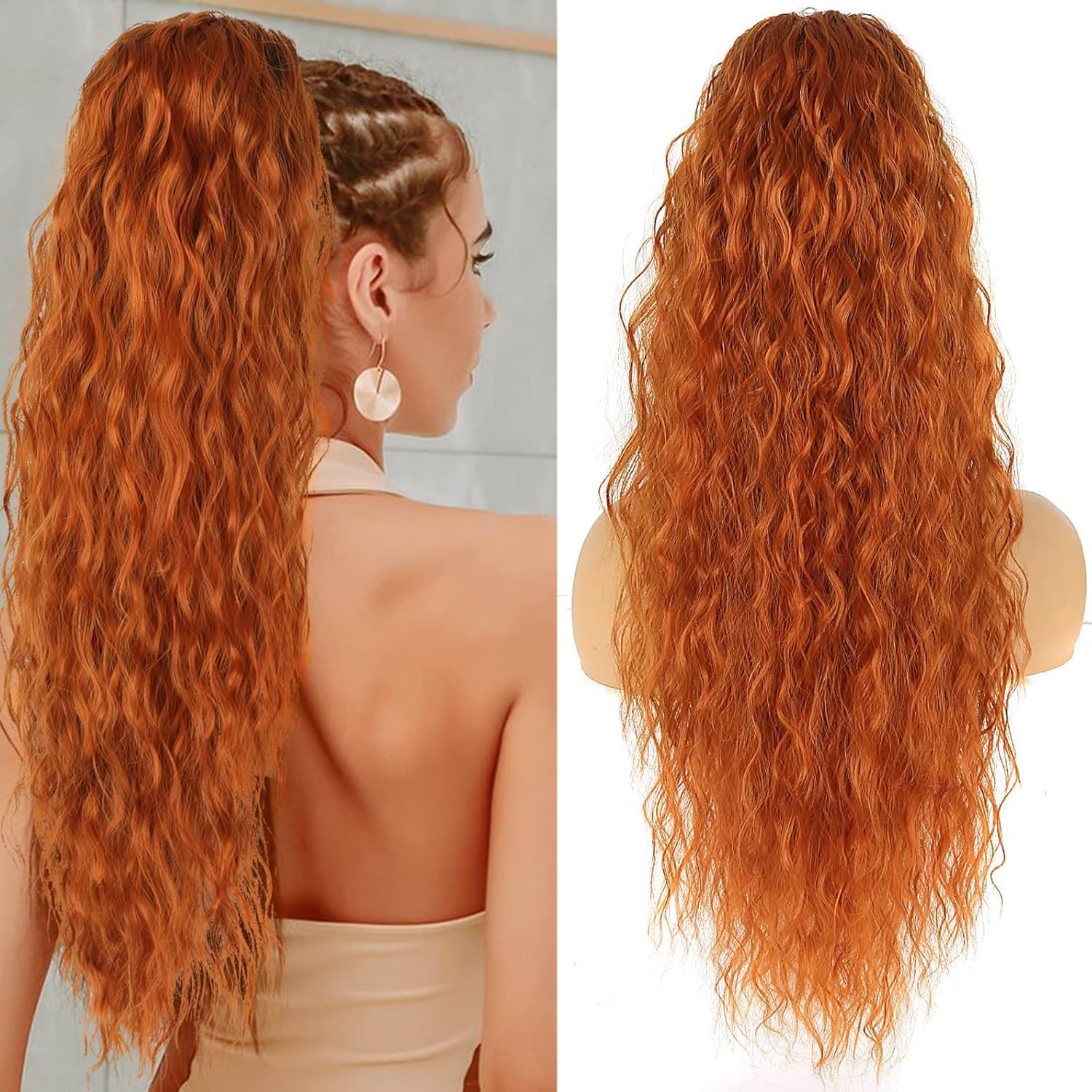 PORSMEER 28 inches Ponytail Extension Long Ginger Red Drawstring Ponytail for Women Long Curly Wavy Clip in Ponytail Hair Extensions Synthetic Hairpiece for Daily Use Party (Ginger Red)
