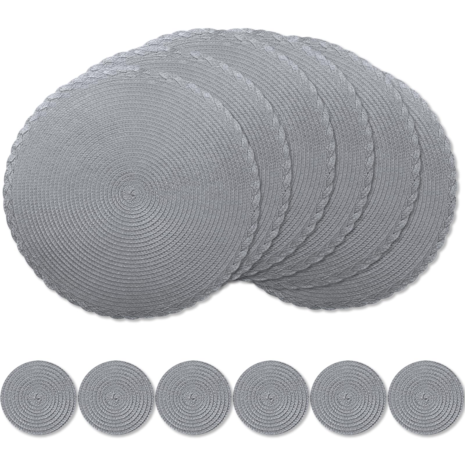 wiipara Round Woven Placemats Set of 6, 34 cm Kitchen Coffee Table Mats with Coasters Heat Resistant Wipeable Table Placemats for Dining Table, Home, Restaurant, Hotel, Cafes (Dark Grey)