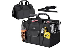 TICONN Heavy Duty Tool Bag with Multi-Pockets, Portable Tool Box Organizer Storage Bag, with Adjustable Shoulder Strap and Ergonomic Handle (Black, 16" Standard Base)