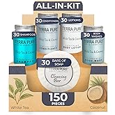 Terra Pure White Tea & Coconut Toiletries Set | 1-Shoppe Amenities Kit | 1oz Shampoo & Conditioner, Body Wash, Lotion, 1.25oz Bar Soap | Travel Size | 150 Pieces
