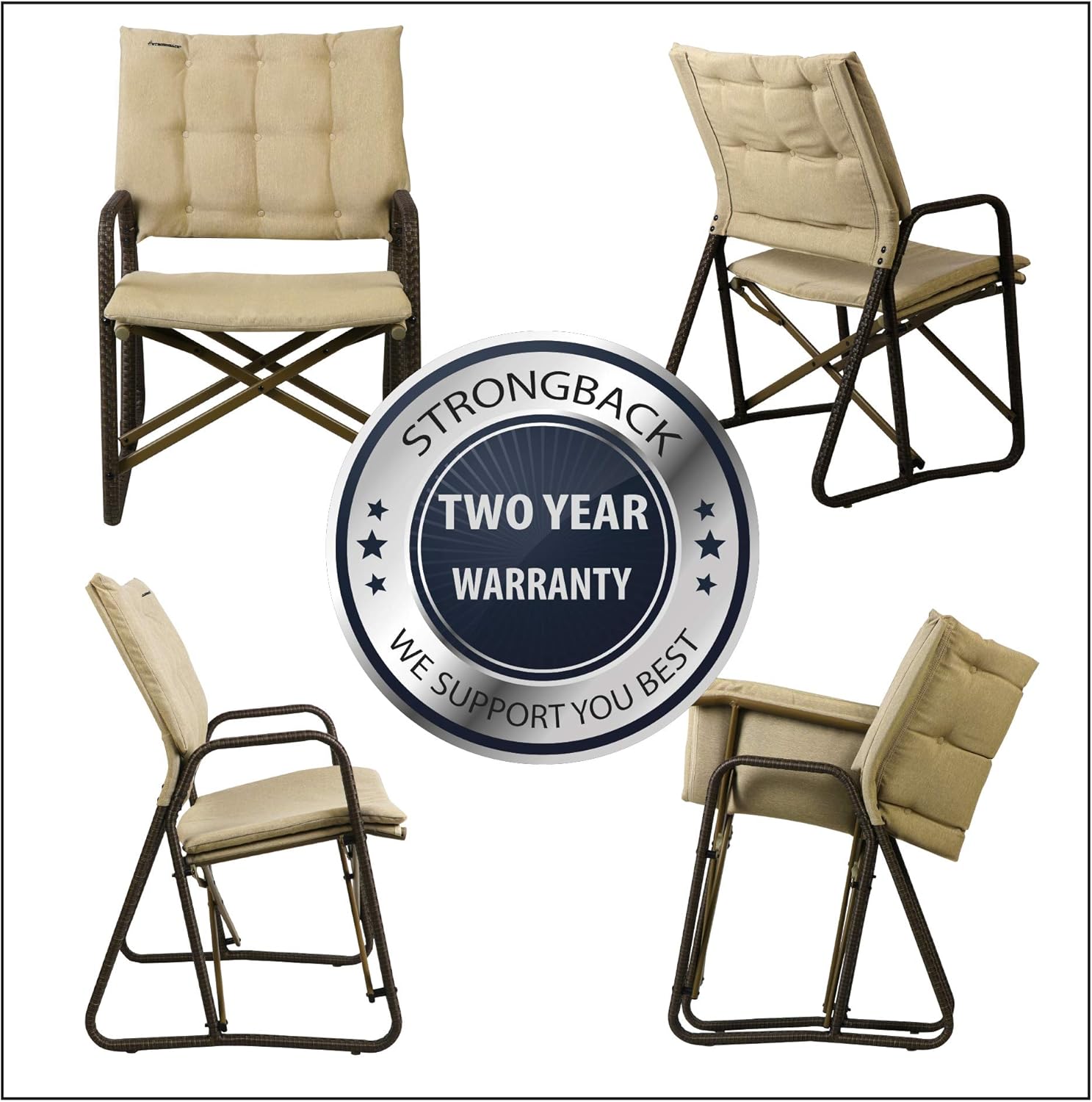 STRONGBACK Patio Chair Folding Lawn Lounge Chair Heavy Duty Outdoor Seat with Lumbar Support, Tan, One Size: Sports & Outdoors