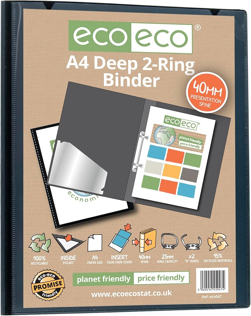 eco-eco A4 95% Recycled Presentation Deep Ring Binder 25mm 40mm Spine
