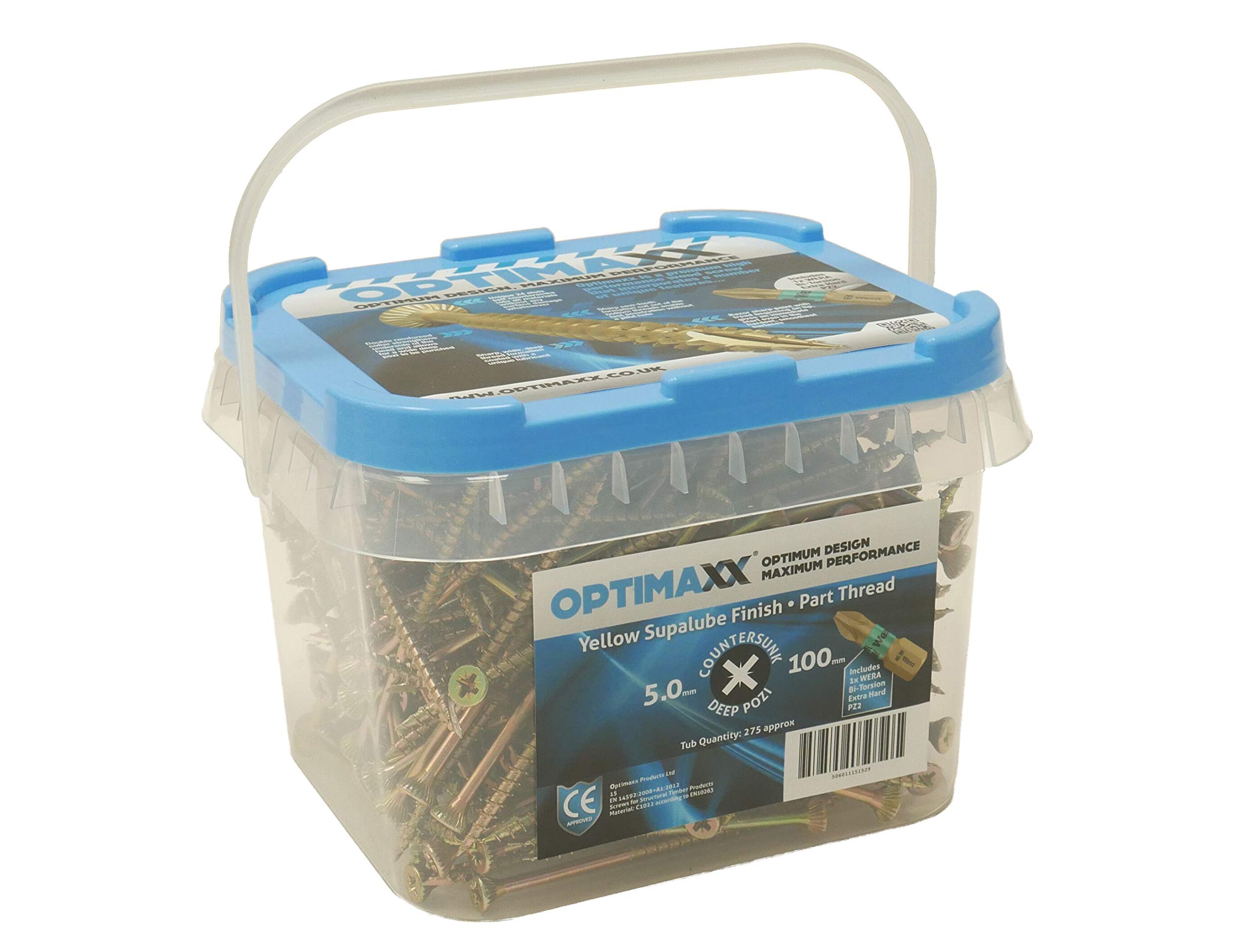 5.0 Optimaxx Extreme Performance Wood Screws 275PC Maxxtub (5.0x100mm, Zinc Plate & Yellow Passivated, Pozi Wood Screws)