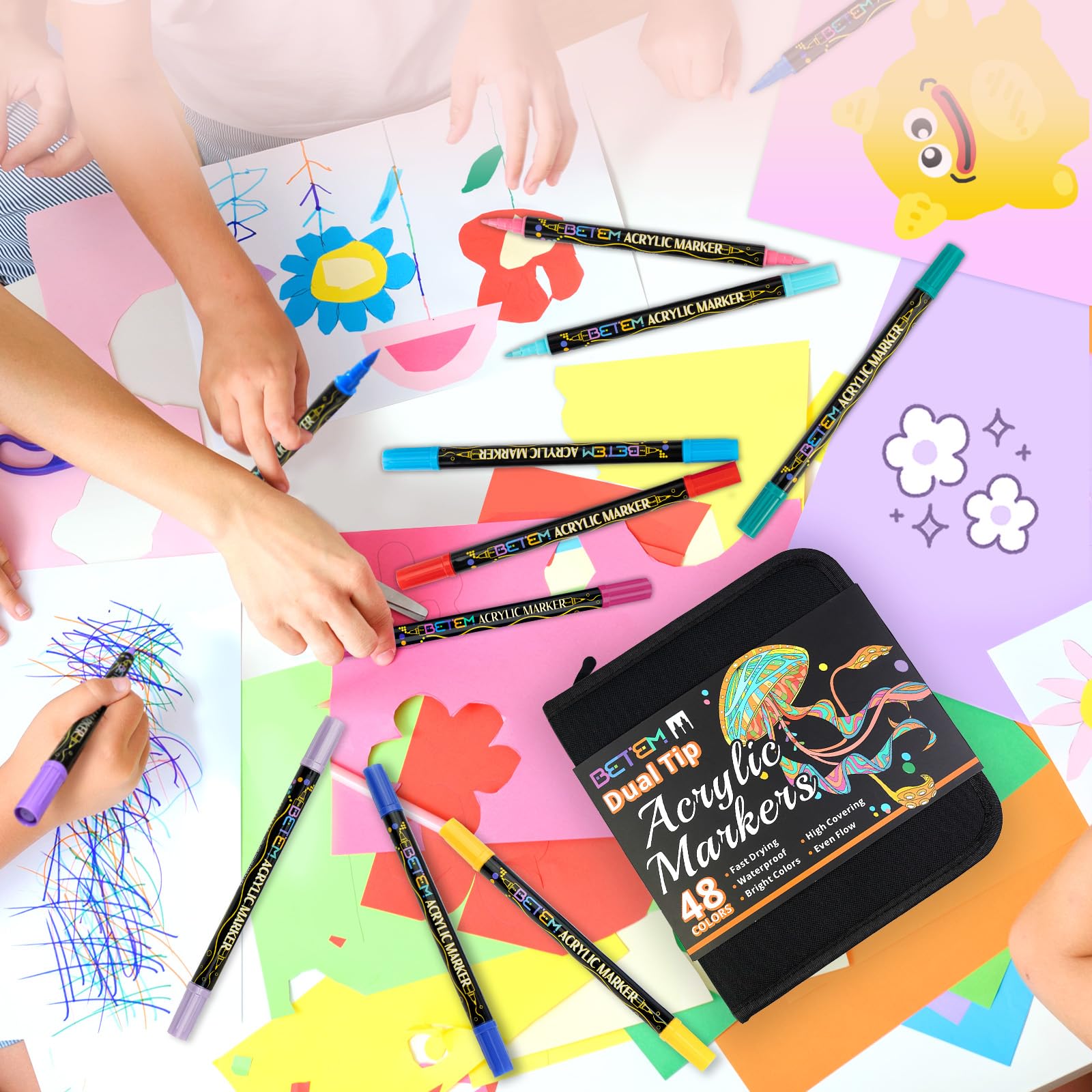 Betem Paint Markers Acrylic Paint Pens, Dual Tip 48 Colors Acrylic Markers with Brush Tip and Fine Point, Art Supplies for Wood, Canvas, Stone, Glass, Rock Painting Kit DIY Crafts Drawing Kit with Bag