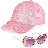 Girls Baseball Cap Kids Sunglasses, Glitter Sun Hat Breathable Mesh Ponytail Cap Trucker Cap Adjustable Summer Hat for Girls Outdoor Sports Pink