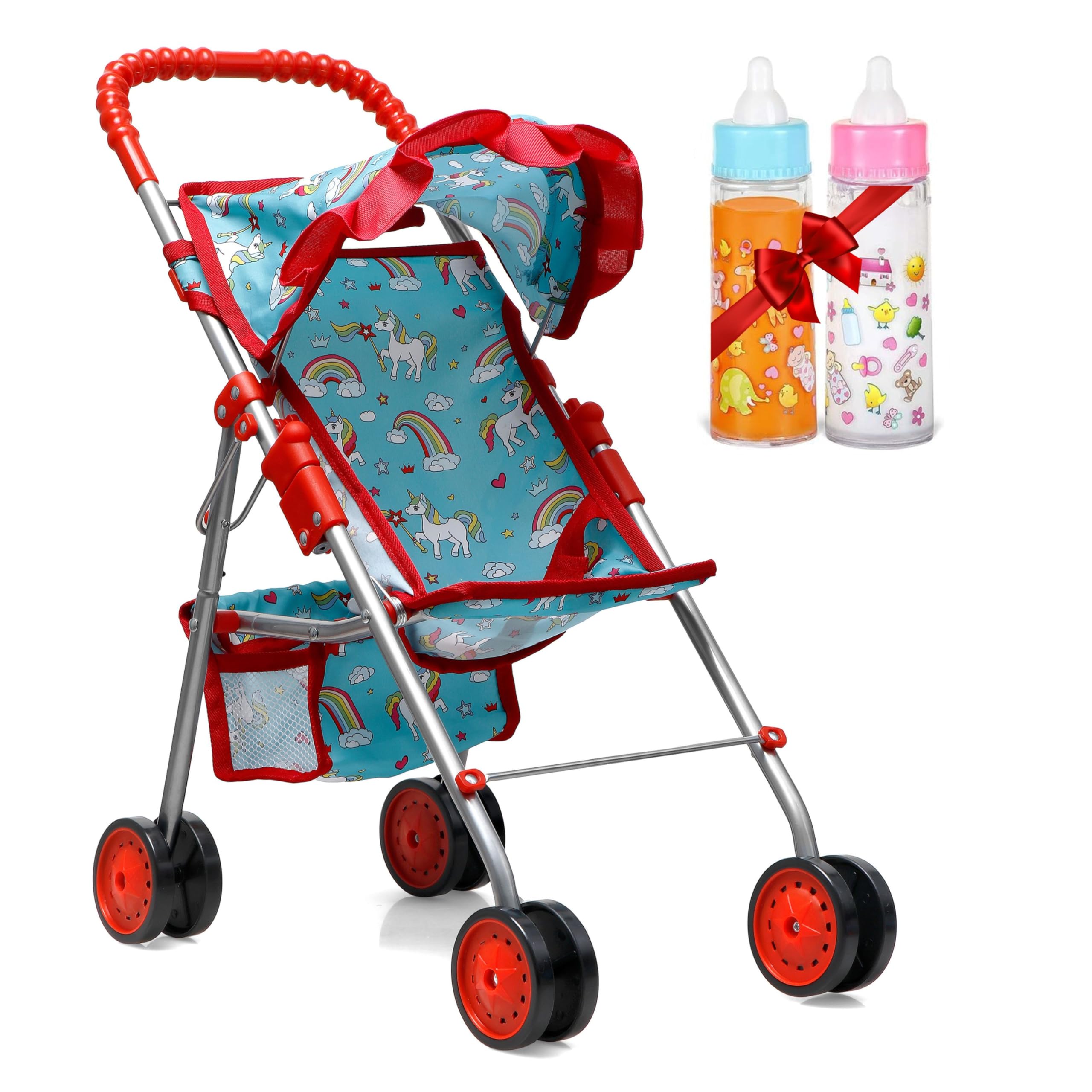 Photo 1 of fash n kolor® - Doll Stroller My First Baby Doll Strollers Toy - Flower Design with Basket in The Bottom- Doll Accessories 2 Free Magic Bottles Included (Unicorn Design)