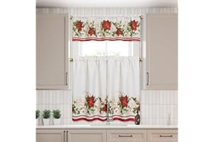 Elrene Home Fashions Red and White Poinsettia Elegant Holiday Christmas Kitchen/Café and Bath Tiers and Valance, 3 Piece Set