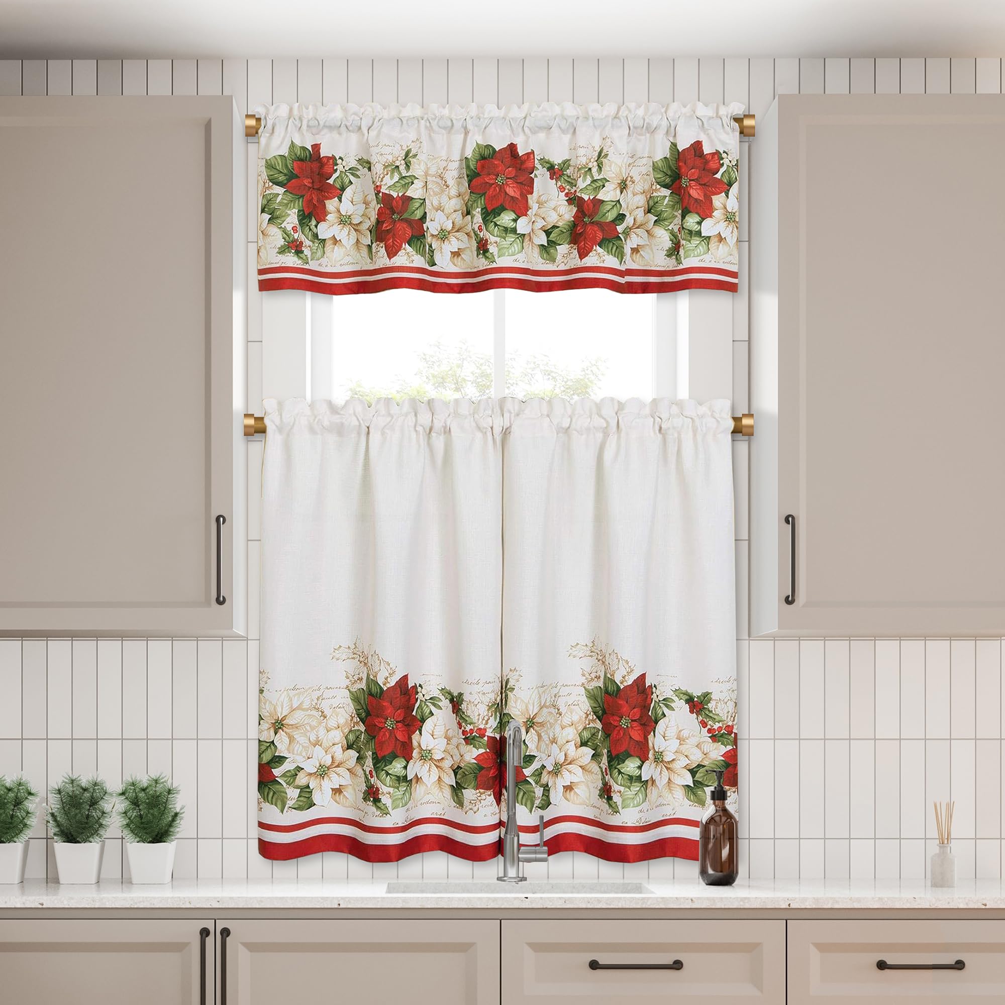 Elrene Home Fashions Red and White Poinsettia Holiday Christmas Kitchen/Café and Bath Tiers and Valance, 3 Piece Set, 60"x15" 30"x36" Each, Ivory