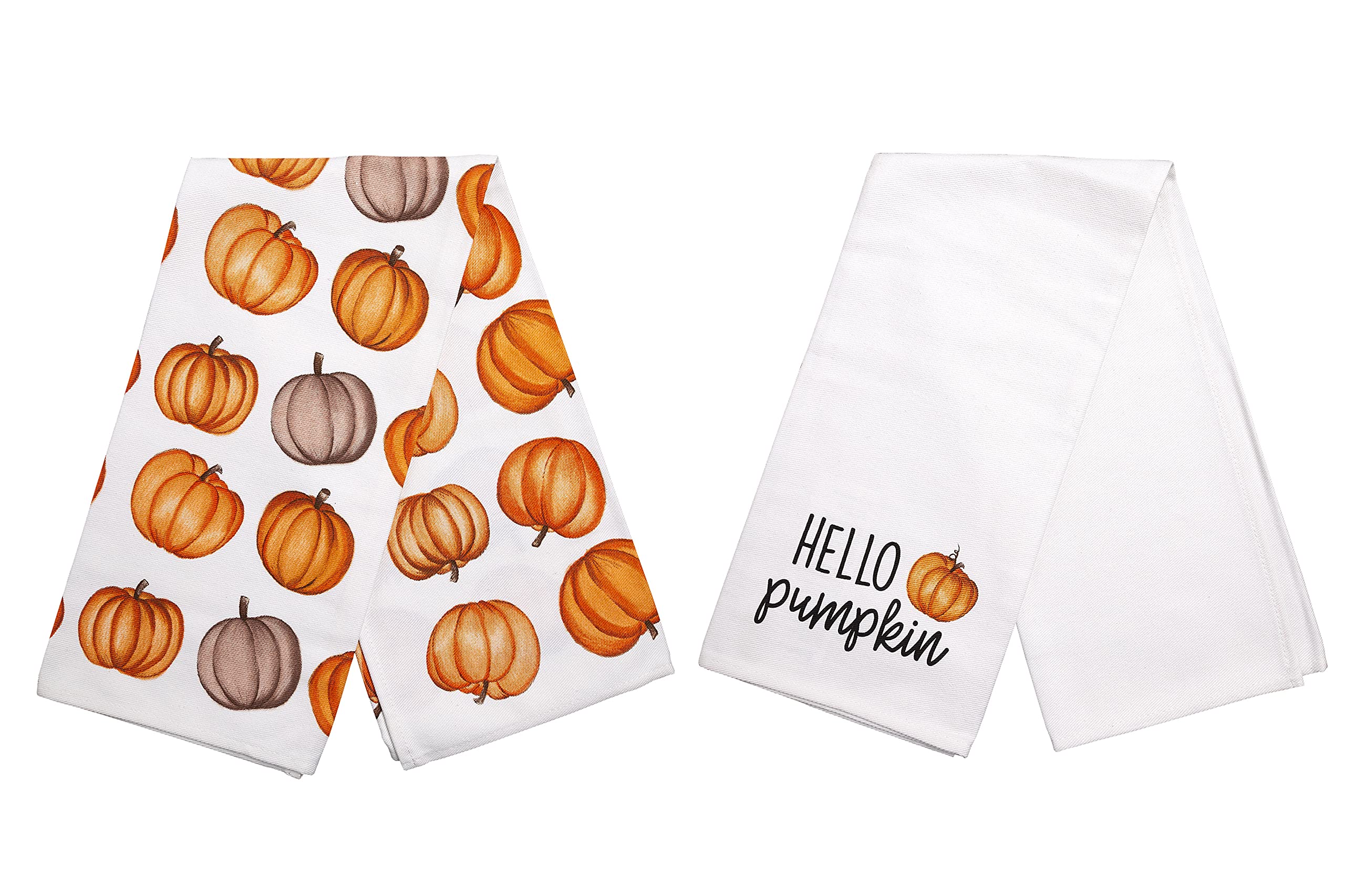 Pearhead Fall Pumpkin Tea Towels Set of 2, Autumn Kitchen Dish Towels with Hello Pumpkin Print and Pumpkin Pattern, Decorative Cotton Hand Towels for Cooking, Baking, and Seasonal Home Décor
