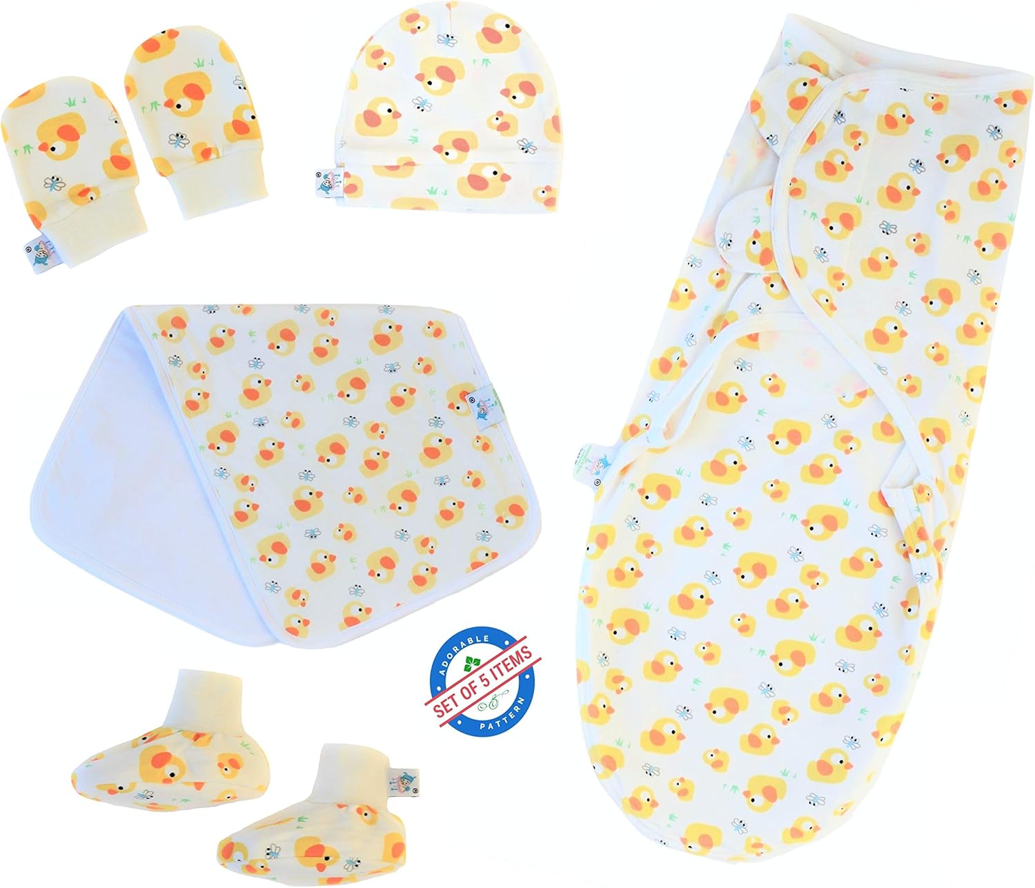 Urbane Brands Buzzy Duck | 5 Item Pack (Newborn Baby Boys & Girls) | Adjustable Swaddle Blanket Wrap | Hat | Mittens | Booties | Burp Cloth | Adorable Pattern Baby Showers, Receiving, Registry